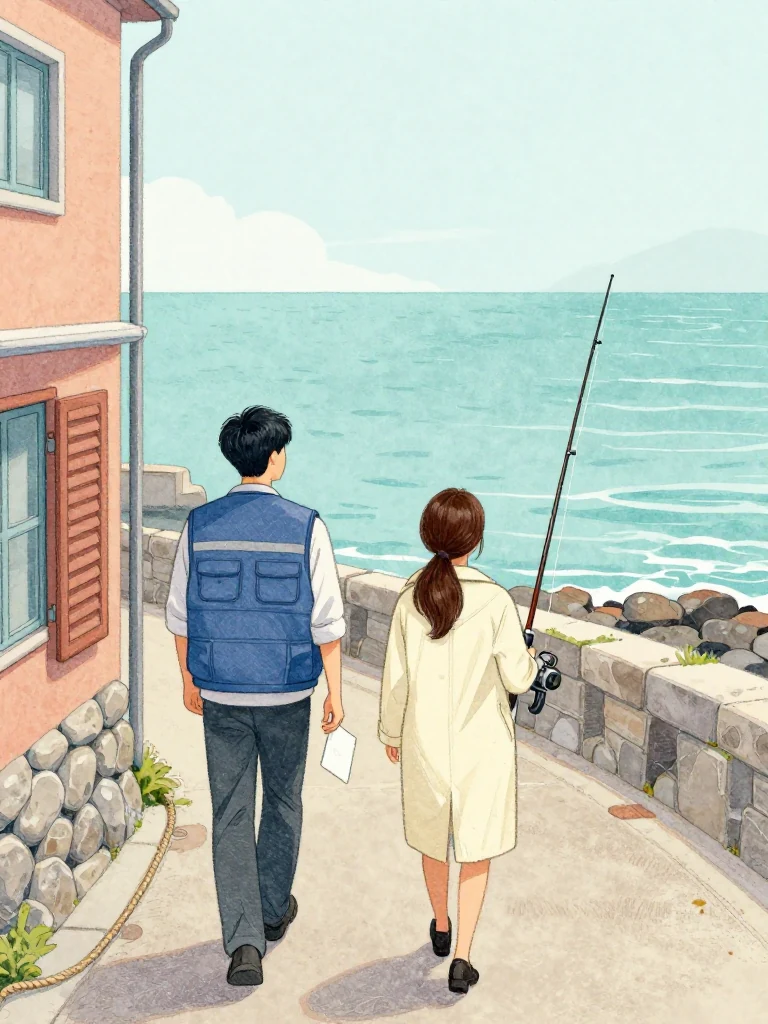고바다 follows 정다원 up the clinic lane, reenacting a solitary visitor who once carried an unused fishing rod and ignored the tide. The clinician stops with a small plain pad raised, attention fixed on the harbor below. Last light catches rope, wet stone, locked shutters, and a remembered route linking the polished visitor to an earlier survey. Setting: 무레도 보건진료소.
