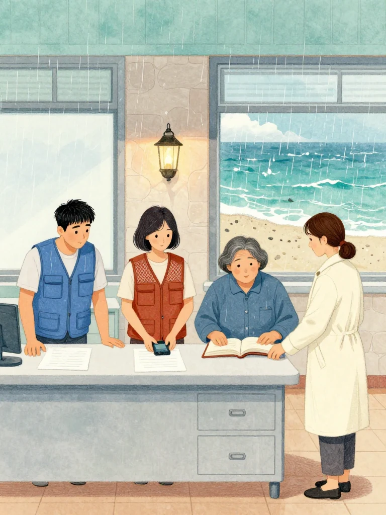 고바다 braces a tide grid against the clinic desk, 차유나 sets a dark handheld device beside plain sheets, 고순단 rests both hands on the open thread-bound volume, and 정다원 divides the storm vigil among them. Shutters flex under rising wind as lantern light catches rain shells, rope, locked drawers, and four distinct fields of judgment. Setting: 무레도 보건진료소. Visible objects: 섬 처방 노트.