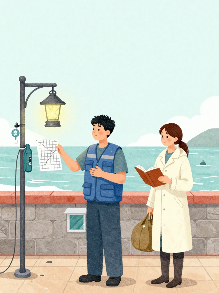 고바다 pins a tide grid beneath one hand and marks the midnight channel with the other while 정다원 shoulders a field bag beside the open thread-bound volume. A corded receiver hangs above a red boundary stroke. Storm lantern light catches aspirin, oxygen fittings, rain gear, and the narrow departure window created by chest pain and worsening weather. Setting: 무레도 보건진료소. Visible objects: 섬 처방 노트.