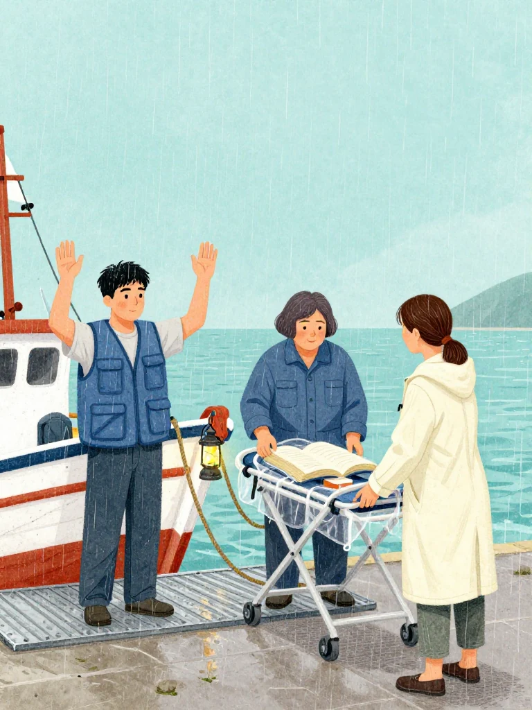 고바다 secures the fishing boat and raises two hands to show the return threshold while 고순단 steadies a lantern at the ramp and 정다원 boards beside a stretcher with the open thread-bound volume protected under clear cloth. Rain lashes metal plates, oxygen tubing, rope, and three faces aligned around a conditional night departure. Setting: 무레항 선착장. Visible objects: 섬 처방 노트.