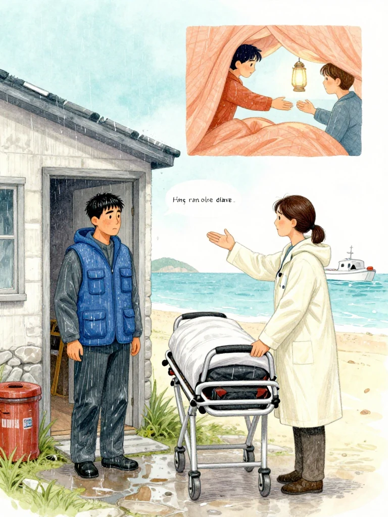 고바다 waits in rain gear beside the open doorway of a weathered island home while 정다원 supports a stretcher and explains the return threshold with two level palms. An unnamed patient reaches toward a spouse from beneath warm blankets. Lantern light reveals wet stone, field equipment, worried hands, and consent grounded in a skilled boat operator's limit.