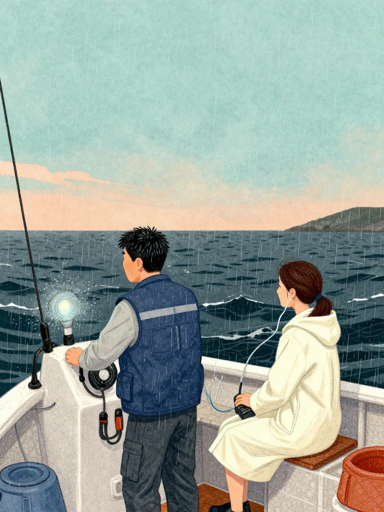 고바다 grips the fishing boat controls and measures each dark swell against the gunwale while 정다원 sits beside the stabilized patient, one hand on the oxygen line and the other around a radio unit. Black water and rain erase the horizon. Instrument light catches rope strain, spray, and the clinician's deliberate choice to trust the shore team. Setting: 무레항 선착장.