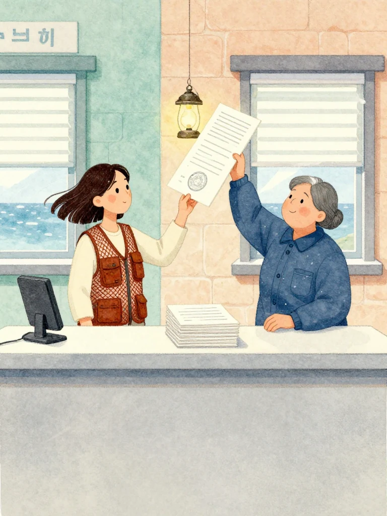 차유나 stands a dark handheld device upright beside a stack of plain authorization sheets while 고순단 lifts each sheet toward a storm lantern and separates three bearing familiar seal impressions. Two unnamed visitors freeze across the clinic desk. Wind flexes the shutters as wax, wet coats, and the elder's steady hands expose the impossible authority of the dead. Setting: 무레도 보건진료소.