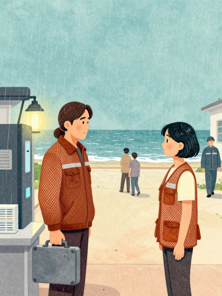 표상만 pauses at the far edge of the storm-dark clinic yard, then steps toward 차유나 and the upright dark device while the departing visitors leave their authorization stack on the desk. His polished case hangs lower than before. Lantern glare catches rain, face-down sheets, and the cautious distance of a courier choosing future formal testimony. Setting: 무레도 보건진료소.