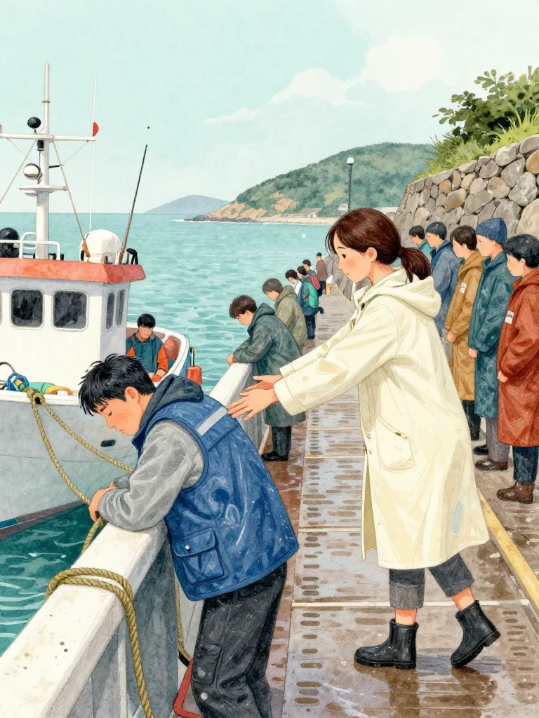 고바다 sleeps briefly against the fishing boat gunwale after securing the dawn mooring while 정다원 steps onto the wet ramp and receives quiet gestures from islanders lining both sides of the uphill lane. The storm breaks behind them. Pale light catches exhausted rain gear, taut rope, calm water, and one safely completed transfer joining a divided community. Setting: 무레항 선착장.