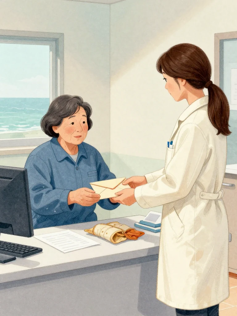 고순단 unwraps a cloth bundle on the clinic desk and places a sealed weathered envelope into 정다원's open hands. The recipient area is covered by two soft erasure scars. Clean post-storm light catches dried paste, folded complaint sheets within, worn cloth, and the gravity of a message entrusted for the arrival of a future evidentiary route. Setting: 무레도 보건진료소.