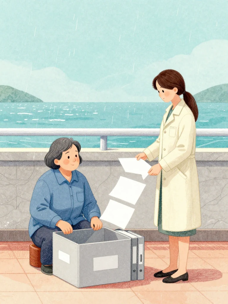 고순단 sits beside the open archive box while 정다원 spreads four plain complaint sheets between it and the thread-bound volume, following a chain of exam, certificate, transfer, and claim through repeated gray structures. Sunlight after rain fills the clinic, catching old fibers, red boundary strokes, and the absence of any single accused individual. Setting: 무레도 보건진료소. Visible objects: 섬 처방 노트 and 성혜의 유품 상자.