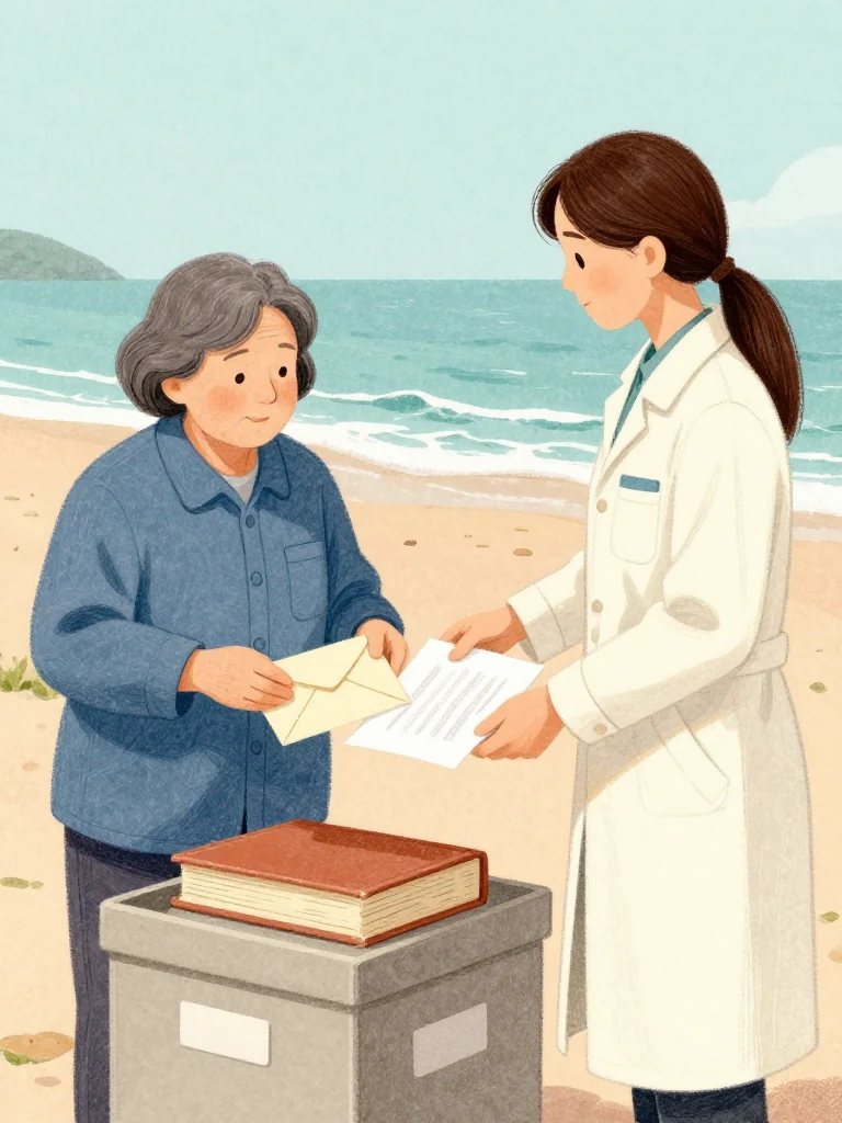 고순단 keeps one hand on the opened complaint envelope while 정다원 places a face-down case notice beside the thread-bound volume and open archive box. Their hands make a triangle around the evidence. Clear afternoon light reveals the doubled cord, comparison copies, old ink texture, and a newly available destination for a complaint once trapped between institutions. Setting: 무레도 보건진료소. Visible objects: 섬 처방 노트 and 성혜의 유품 상자.