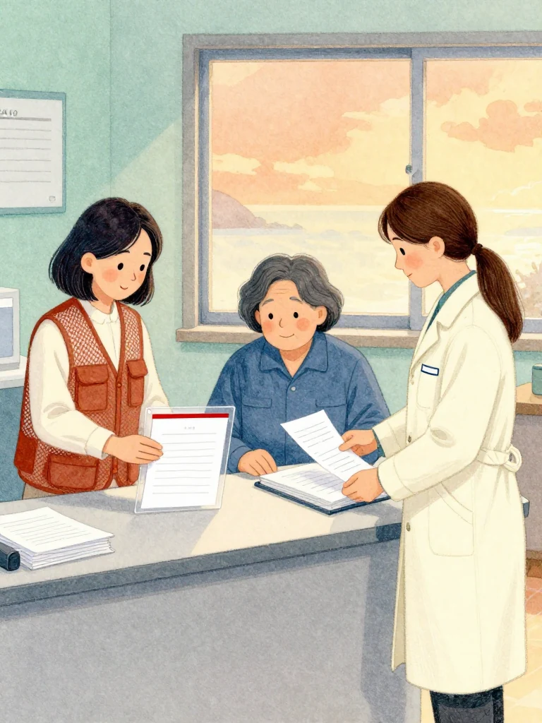 차유나 secures the complaint sheets inside a clear evidence sleeve while 고순단 smiles across the clinic desk and 정다원 closes the thread-bound volume after adding a final short line. The first calm autumn night glows beyond the windows. Warm light catches sealed copies, a red boundary stroke, and three people sharing custody of the next season's work. Setting: 무레도 보건진료소. Visible objects: 섬 처방 노트.
