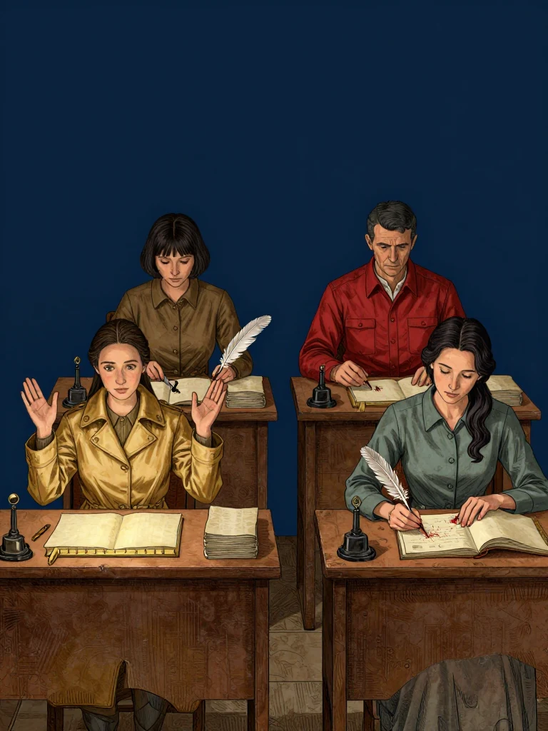 Nara Vale sits at the assigned desk with both hands raised above the warped calfskin gutter. Ilex Mora aligns a quill, blotter, knife, and rule across the opposite station. Seln Rook moves between desks distributing sealed trial packets, while Adra Voss studies the red fiber protruding from the open entrance folio. Even hall light catches wet wool, brass rails, and warm ink channels. Setting: Great Index Hall. Visible objects: New-Cohort Entrance Roster.