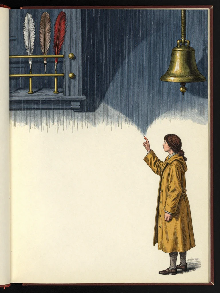 Nara Vale touches the wet pasted gutter of the open calfskin folio with the smallest finger, body rigid as cold gray light gathers beneath the nail. The active dark strokes settle above a second sinking layer while rainwater glistens along the seam. Quills blur in the distant hall, brass rails gleam, and the final witness bell remains still. Setting: Great Index Hall. Visible objects: New-Cohort Entrance Roster.