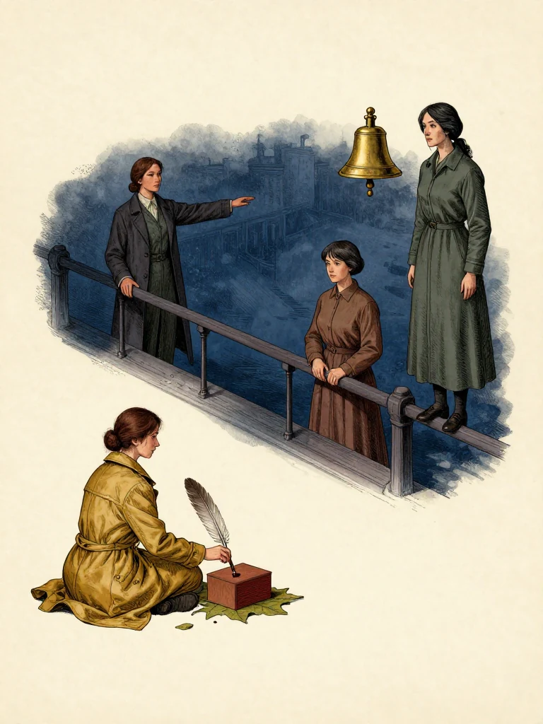 Nara Vale sits frozen over the open calfskin leaf, quill hovering above the final empty box as a swollen bead of ink trembles at the nib. Ilex Mora stands across the channel with one arm directed toward the presiding rail. Adra Voss descends from the central rail, silent seals against the coat, while a brass witness bell vibrates beside them. Setting: Great Index Hall. Visible objects: New-Cohort Entrance Roster.