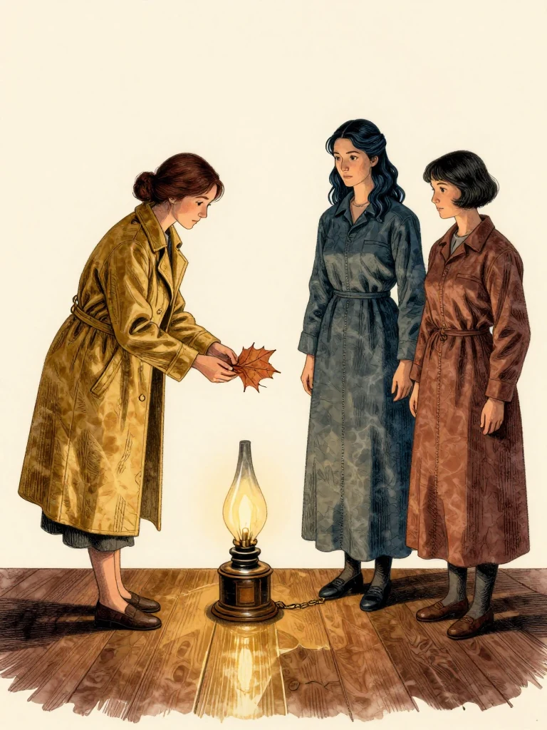 Nara Vale angles the open calfskin leaf toward an ink lamp until light passes through crossed fibers and opposing pressure fans. Adra Voss stands beside the lamp, gaze following the pasted seam, one hand near the third seal on a plain chain. Ilex Mora steps close from the public line. Reflected light rises from the polished floor across brass, wood, and warped calfskin. Setting: Great Index Hall. Visible objects: New-Cohort Entrance Roster.