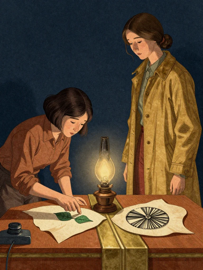 Ilex Mora bends over the open calfskin leaf from the far edge of the desk, one hand hovering above compressed fibers while forefinger taps thumb. Nara Vale stands on the near side, shoulders taut, watching the comparison. The ink lamp throws raking light through the pasted join, revealing two opposing pressure fans across the warm wood and brass edged channel. Setting: Great Index Hall. Visible objects: New-Cohort Entrance Roster.