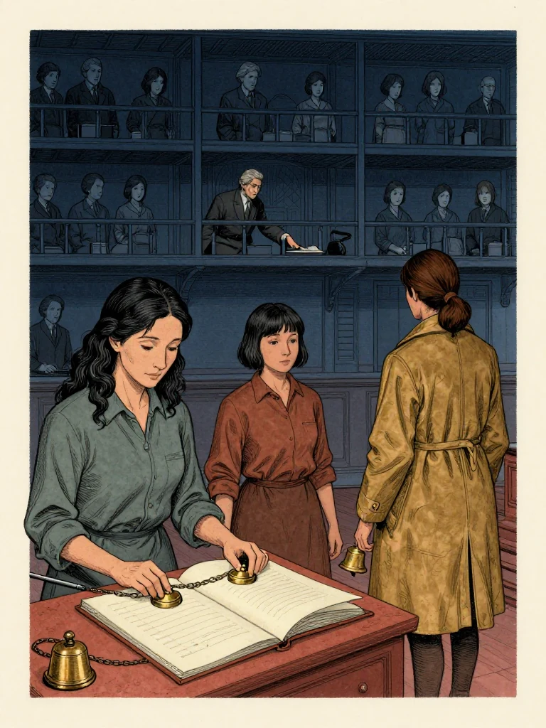 Adra Voss turns two brass seals along a plain chain, checking their order above the open roster folio. Ilex Mora faces the upper galleries with one hand poised over the opposing impressions, posture exact and formal. Nara Vale stands beside the public rail, feet planted as a second witness bell rings. Murmuring candidates fill six dark glass levels above the warm ink channels. Setting: Great Index Hall. Visible objects: New-Cohort Entrance Roster.