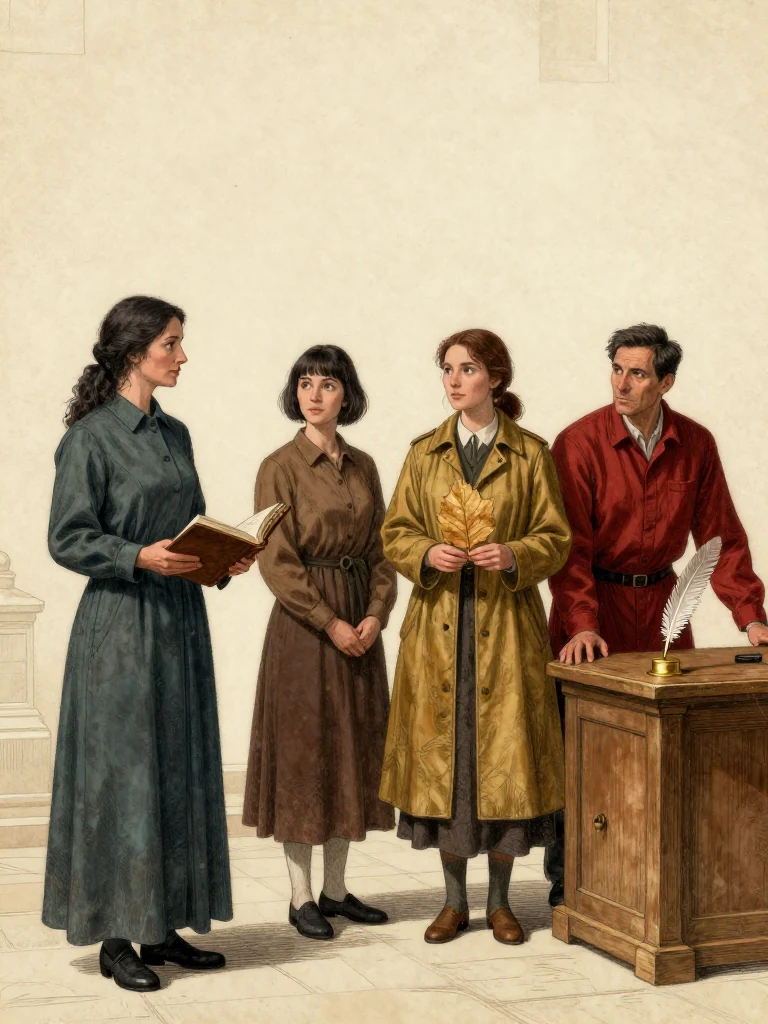 Adra Voss counts once along the seal chain with a thumbnail while facing the candidates. Ilex Mora stands at one side of the open calfskin folio, gaze held away from Nara Vale, who remains beside the public line with the corrected leaf in custody. Seln Rook leans against the examiner's table, one immaculate quill lowered toward the wood. Even hall light washes brass and stone. Setting: Great Index Hall. Visible objects: New-Cohort Entrance Roster.