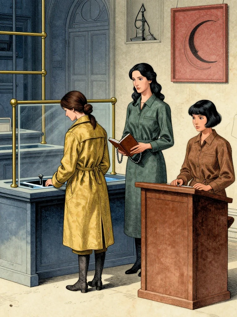 Nara Vale stands beside the candidate desk as the cooled ink channel beneath it turns blue. Adra Voss closes the eel leather entrance folio with one hand and rests the seal chain against the other wrist. Ilex Mora waits at the neighboring lectern where a glossy black result line draws a faint crescent of moisture. Brass rails and glass galleries remain bright around them. Setting: Great Index Hall. Visible objects: New-Cohort Entrance Roster.