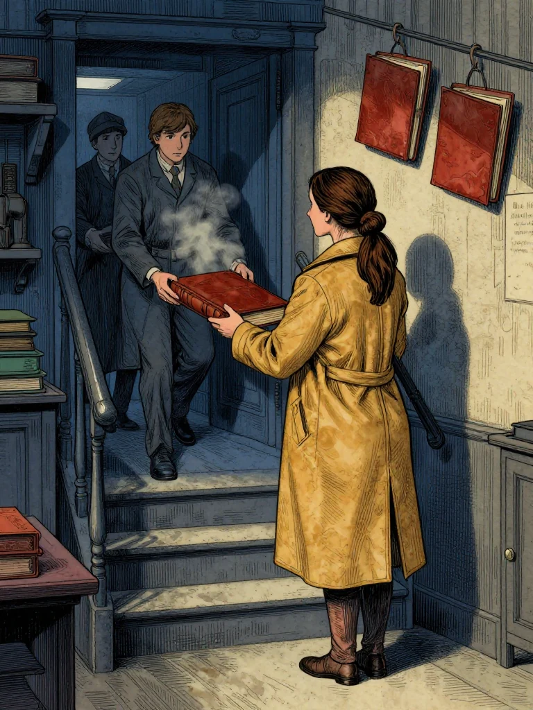 Nara Vale reaches the foot of the narrow west stair as unnamed academy clerks carry the closed eel leather folio into a basement workshop ahead. One hand presses a waterproof square inside a pocket while the same person's gaze settles on bone folders hanging in painted shadows. Warm paste vapor, leather dust, drying lines, and gutter rain fill the low bindery. Setting: Margin Bindery. Visible objects: New-Cohort Entrance Roster.