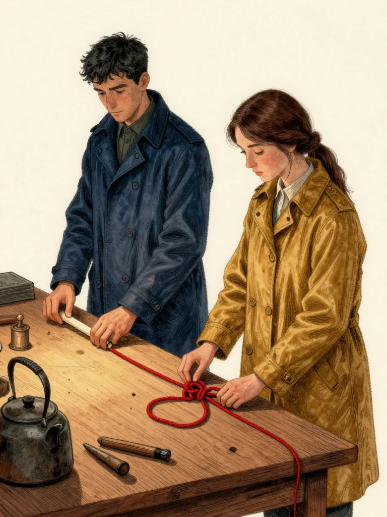 Kez Brann stands behind a scarred bindery table with a bone folder stopped between the fingers, both hands suddenly still. Nara Vale lays a newly tied seven turn knot of red waste fiber on the wood between them. Warm work light falls across the paste kettle, leather dust, painted tool shadows, and rough fingertips as the first person's thumb finds a hidden ridge in the handle. Setting: Margin Bindery.