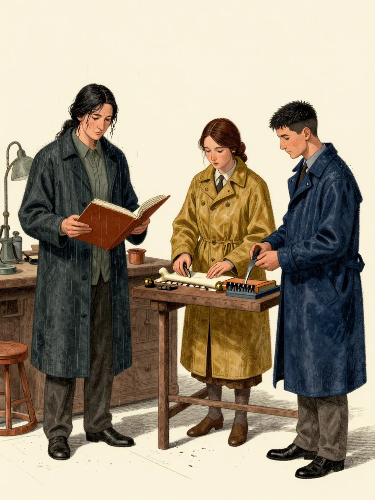 Adra Voss enters the basement workshop with rain darkening the coat and surveys the open calfskin folio. Nara Vale keeps bone weights pressed around its lifted repair strip while Kez Brann holds both paste-stiff hands above a ridged tool. Cool gutter light reveals ragged fibers, black paste, brass fittings, and the tense work order between authority and conservation. Setting: Margin Bindery. Visible objects: New-Cohort Entrance Roster.
