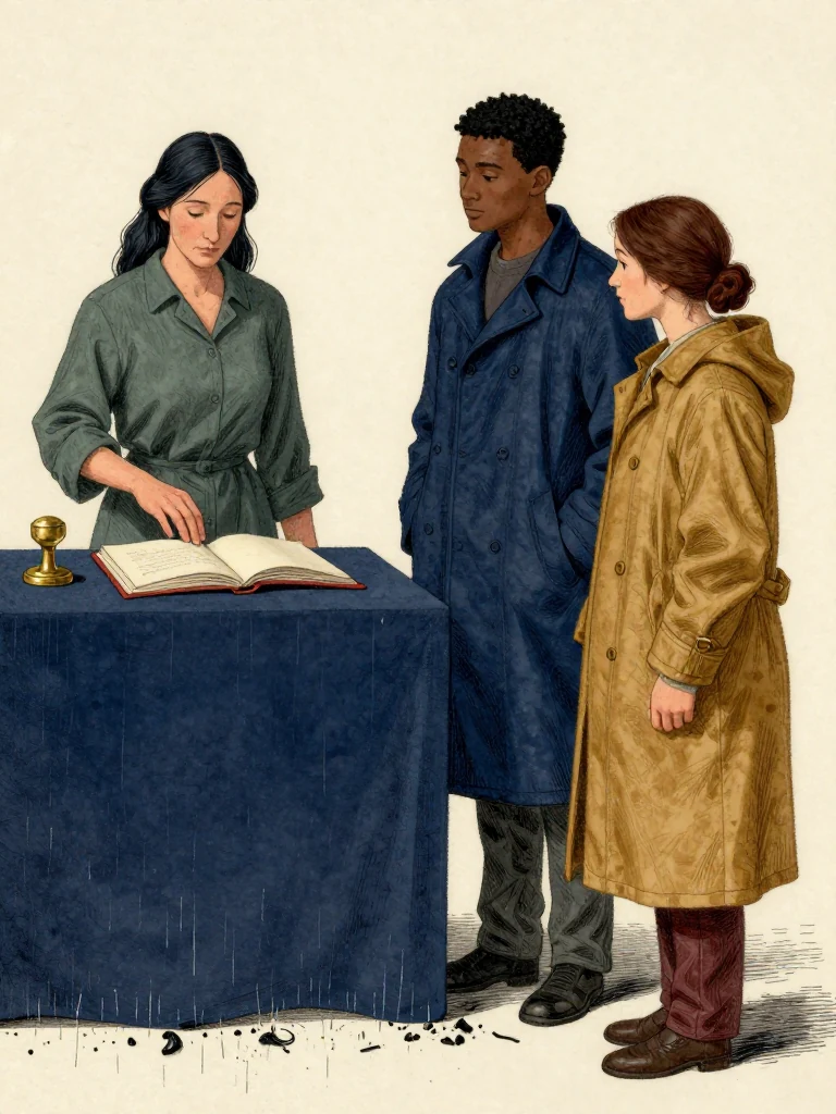 Adra Voss turns one brass seal beside the open calfskin folio and sets a guarded dry cycle with an open palm. Kez Brann remains behind the painted custody line with tools gathered close while Nara Vale keeps the bone weights fixed on the tear. Rainlight enters at gutter level, catching damp wool, curled fibers, black paste, and three clearly separated responsibilities. Setting: Margin Bindery. Visible objects: New-Cohort Entrance Roster.