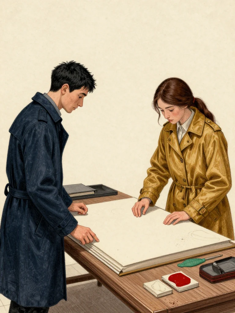 Kez Brann rests both knuckles near a bone folder and observes as Nara Vale attempts a familiar opening stroke on a blank waste sheet, then stops over the unfamiliar result. The clear bench end separates this trial from the guarded folio. Low gutter light catches tense fingers, dry blotters, old paste dust, and the visible edge of a missing habitual memory. Setting: Margin Bindery.