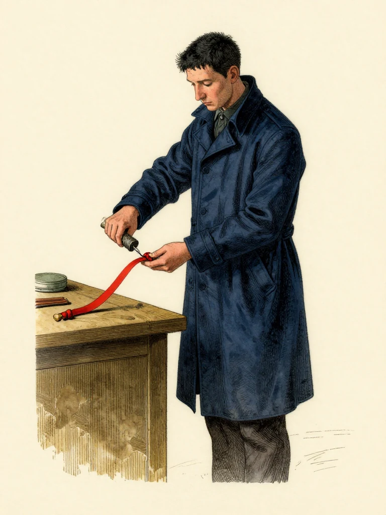 Kez Brann unscrews the ridged bone-folder handle above the workshop bench and lets a faded red linen strip with seven knots slide into one palm. A narrow old fiber strip remains wrapped inside it. The same careful hands place both objects behind the painted custody line as gutter light catches black paste on the third knot and clove residue. Setting: Margin Bindery. Visible objects: Reciprocal Red Witness Thread.