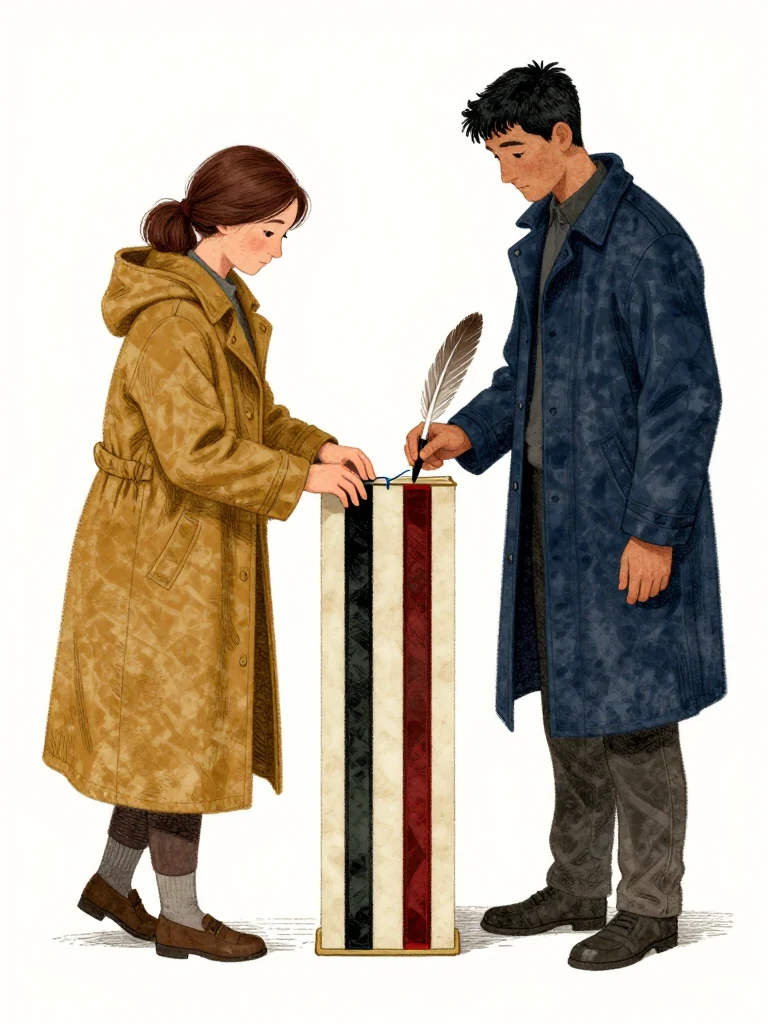 Nara Vale presses a blue margin thread into the sponsor field of a narrow custody strip while Kez Brann makes a blunt quill mark in the adjoining custodian field. Together they set the strip inside the open fiber hollow. Raking light reveals the two thread colors, black paste, bone-folder ridge, and a dark center remaining beneath the joined edges. Setting: Margin Bindery. Visible objects: Reciprocal Red Witness Thread.