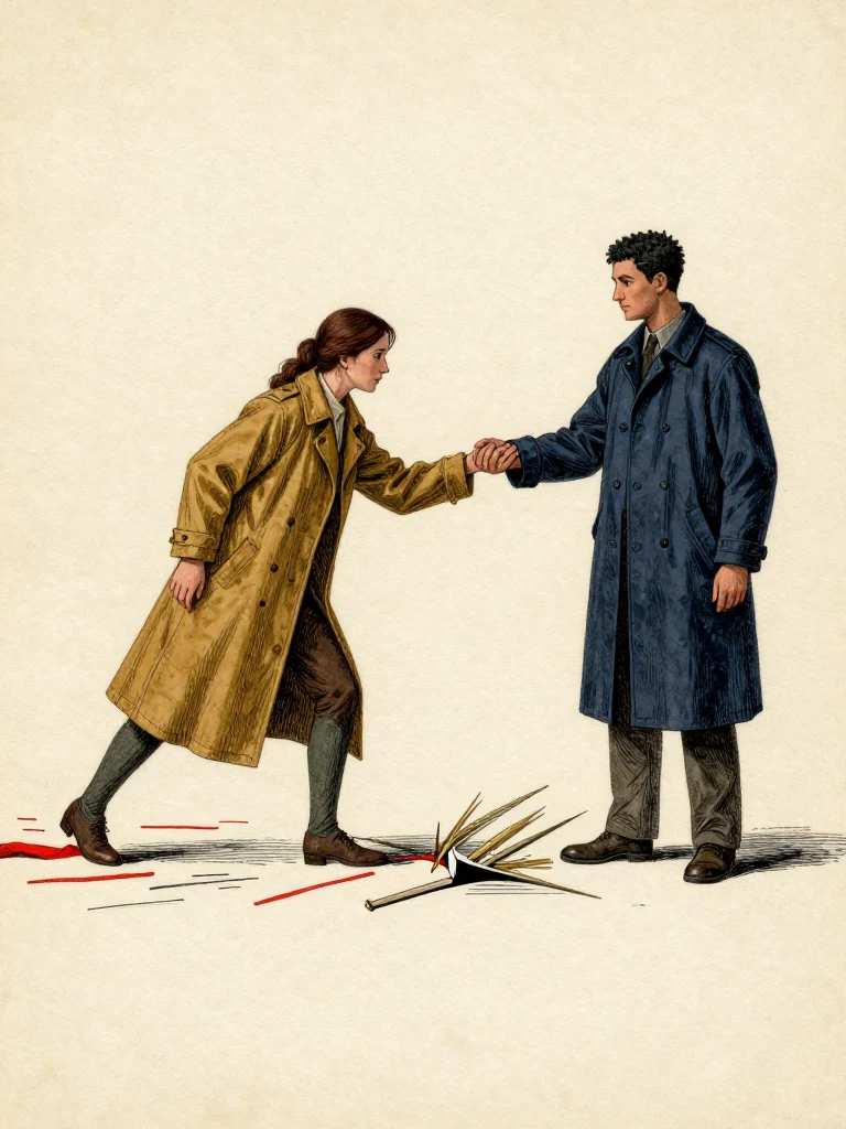 Nara Vale reaches unsteadily across the repaired folio after cold gray light passes beneath one nail while Kez Brann catches the wrist before it drags through the guarded fibers. The red linen strip lies beside three reverse pressure strokes. Gutter-level light catches a split reed, black backing, and the abrupt physical shock of another newly emptied memory. Setting: Margin Bindery. Visible objects: Reciprocal Red Witness Thread.