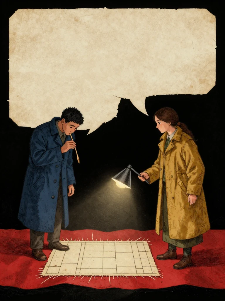 Kez Brann feeds skin-dry wheat paste beneath torn channels with a split reed while Nara Vale holds the raking lamp low and tracks each custody movement with arranged blank counters. The original fibers rest on black backing beside the red linen strip. Side light reveals reverse indentations, grain direction, careful tool spacing, and the repair holding under strain. Setting: Margin Bindery. Visible objects: Reciprocal Red Witness Thread.