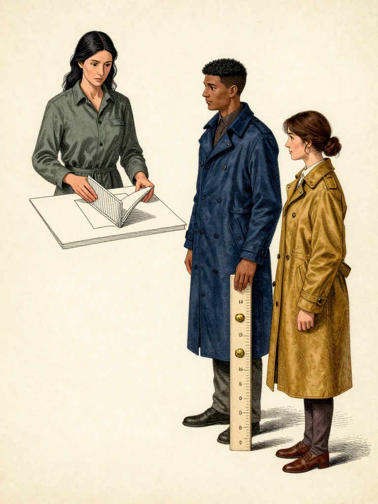 Adra Voss compares opposing pressure fans in the open calfskin folio, then sets the ridged bone folder over its scale outline. Kez Brann keeps the repaired gutter stable while Nara Vale stands beside the measured custody strip. Noon light reveals matched knot intervals, black paste, fingertip dents, sealed fibers, and the brass impression completing a traceable physical chain. Setting: Margin Bindery. Visible objects: New-Cohort Entrance Roster and Reciprocal Red Witness Thread.