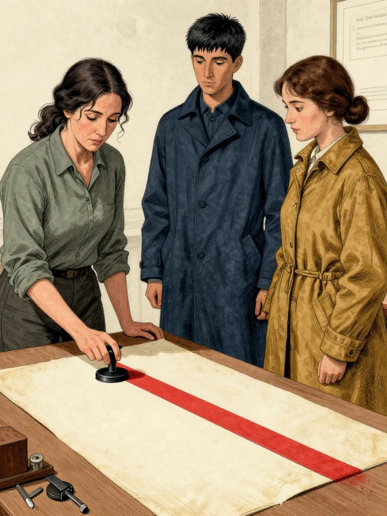 Adra Voss presses a service seal beside Kez Brann's retained custody impression while Nara Vale stands across the workshop bench with both hands lowered. The red linen strip remains on the custodian side of the painted line. Clear noon light catches the repaired folio, bone-folder ridge, sealed custody strip, and the severe distinction between authenticated proof and employment breach. Setting: Margin Bindery. Visible objects: Reciprocal Red Witness Thread.