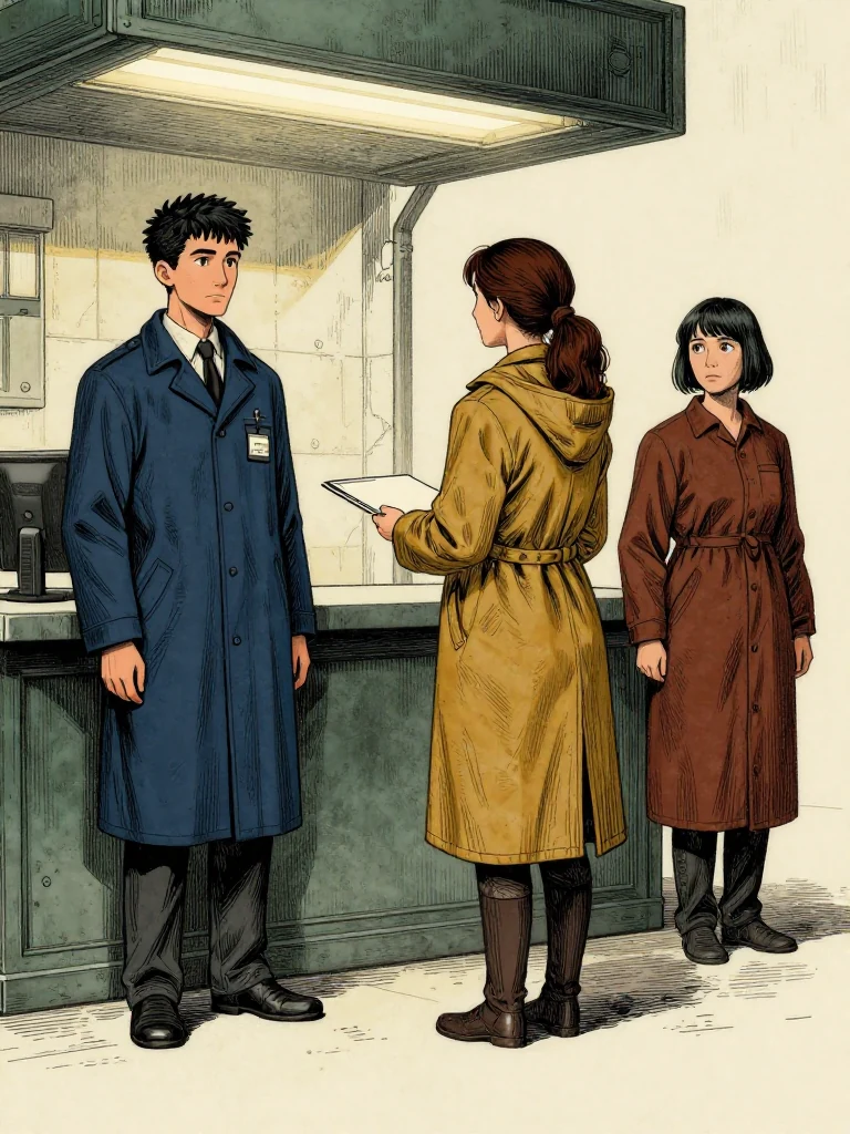 Kez Brann stands rigid at the counter in a stiff work coat, grey badge flat under the reader, showing face and visible identity cue with three blank slots. Nara Vale stands beside him, holding a sealed plain surface under one arm, black sleeves creased. Ilex Mora approaches from behind, stepping toward the counter. Harsh overhead light casts sharp shadows on metal and stone.