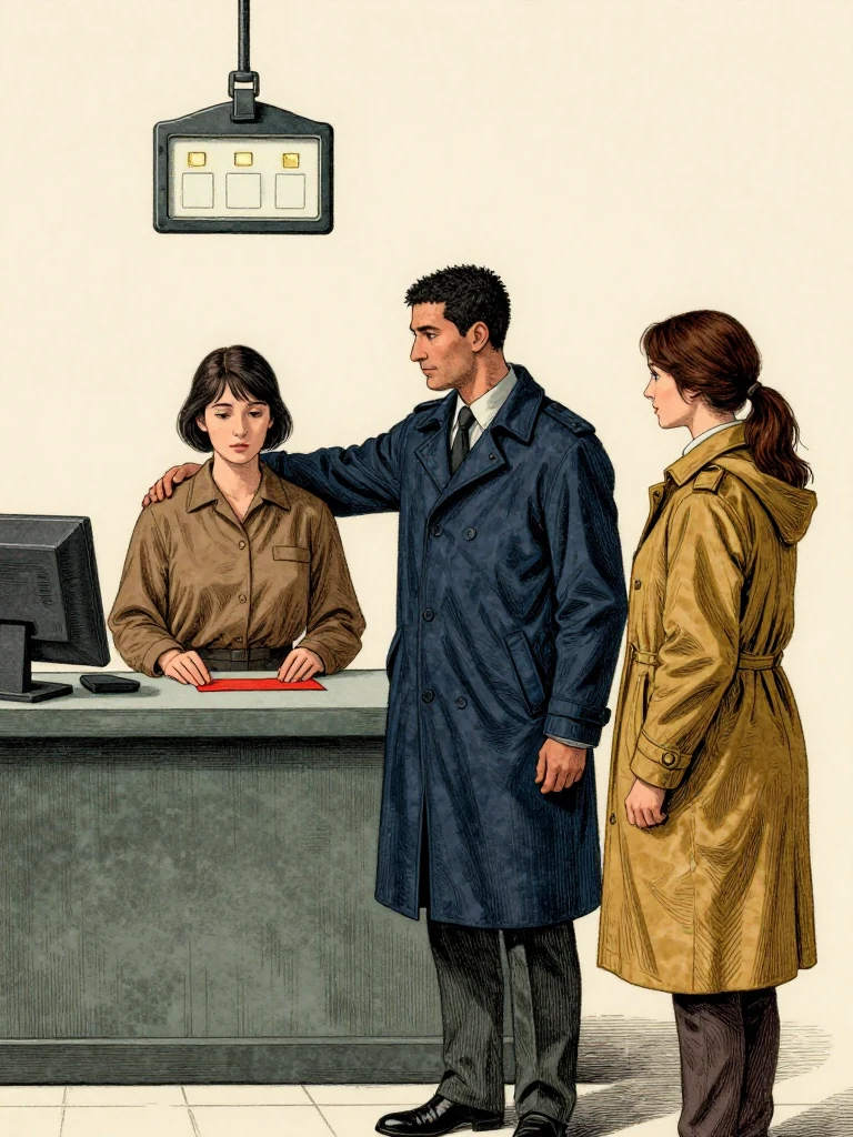 Ilex Mora stands rigid at the service counter while Kez Brann leans one shoulder beside a badge showing three pale service blanks and Nara Vale sets a sealed custody strip under the clerk's reader. The red linen strip remains in custody nearby. Hard overhead light reveals restored facial detail on the badge, missing access notches, matched fibers, and academy brass. Visible objects: Reciprocal Red Witness Thread.