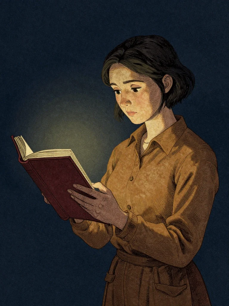 Ilex Mora stands alone, eyes fixed on a closed featureless bound object, fingers tracing its edge. Her posture is tense, shoulders slightly hunched. The light falls sharply across her face, casting deep shadows. The air feels still, charged with quiet scrutiny.