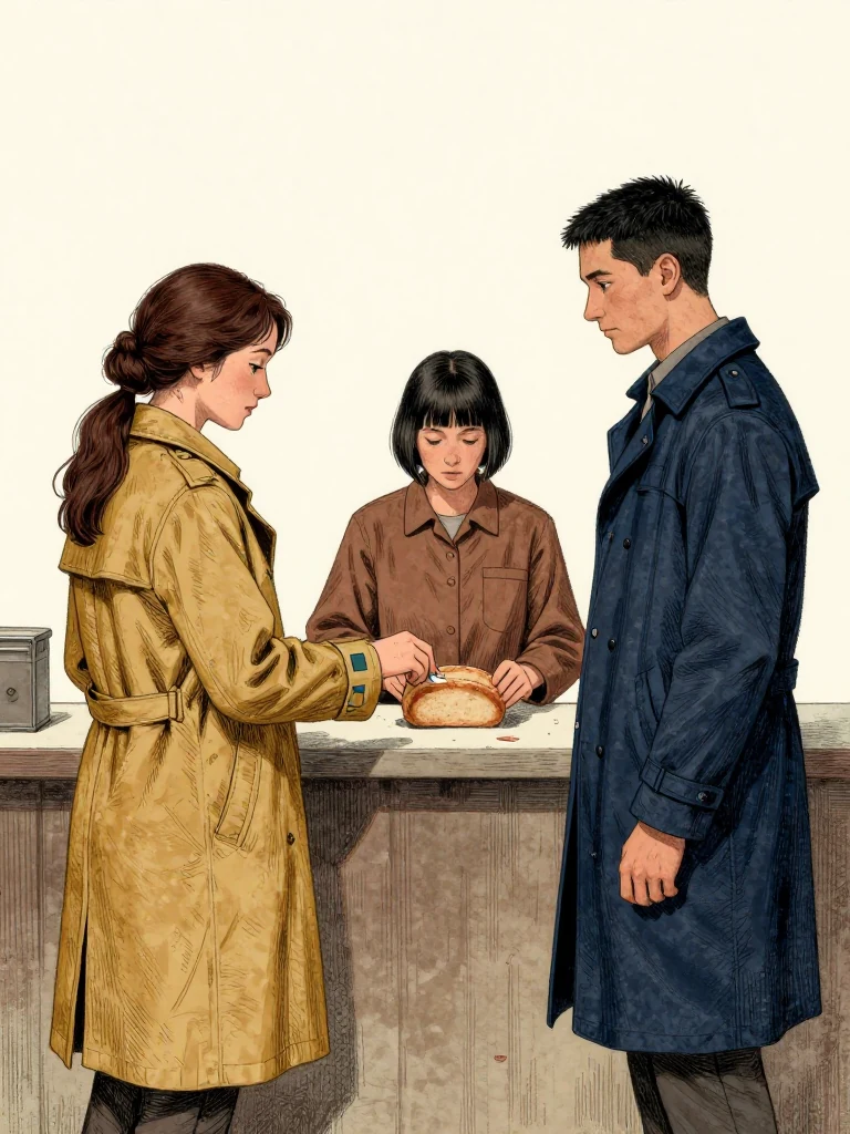 Nara Vale turns back an inner cuff to expose two small blank squares while Ilex Mora examines their edges before accepting sponsor liability and Kez Brann studies the untouched bread on the service counter. The remembered parent remains represented only by the first square. Cold overhead light catches blue cuff marks, a sealed custody strip, and the physical boundaries of missing memories.