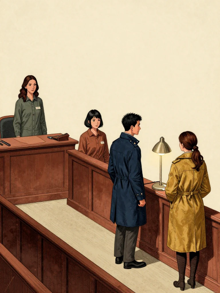Adra Voss arrives at the narrow public hearing desk with seven seals against the coat while Ilex Mora occupies the sponsor position, Kez Brann waits at the claimant rail, and Nara Vale places the sealed custody strip under the hearing lamp. Bright hall light reveals empty candidate channels, a scale outline, a ridged tool, and four sharply separated procedural roles. Setting: Great Index Hall.