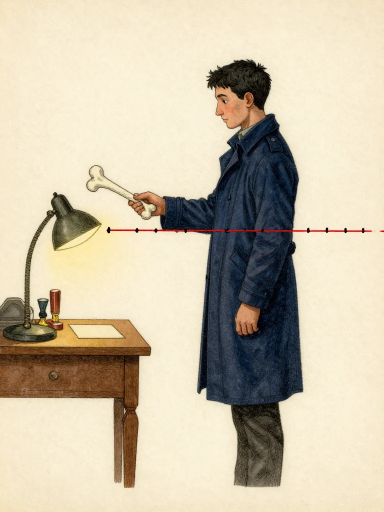 Kez Brann stands at the public line, holding a bone folder horizontally with its handle aligned over a scale outline. His thumb ridge touches the drawn ridge precisely. Beside him, a red thread lies across seven measured intervals, with black paste at the third knot. The setting is a narrow desk in the the setting, lit by a hearing lamp, with seals and a plain surface visible nearby. Setting: Great Index Hall. Visible objects: Reciprocal Red Witness Thread.
