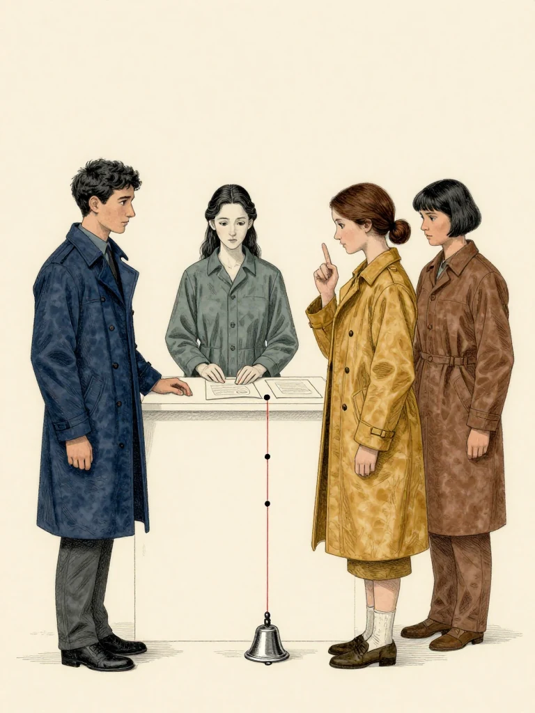 Kez Brann, the same person, stands rigid beside the public line, bone folder on scale outline. Adra Voss, the same person, observes from across the desk, thumbnail hovering over seals. Nara Vale, the same person, leans forward, thumb locked against forefinger. Ilex Mora, the same person, stands behind her, gaze fixed on folio. Red thread lies beside seven measured intervals. Black paste marks third knot. Ink is unnaturally clean. Bell vibrations climb through shoes. Setting: Great Index Hall. Visible objects: Reciprocal Red Witness Thread.