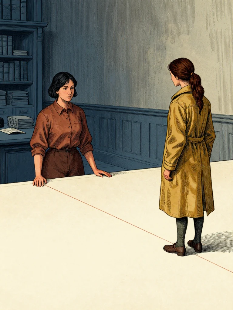 Ilex Mora steps between Nara Vale and a wet ink line on a folio. the same person withdraws her hand from the edge. The public line's scale outline and bone folder lie nearby. Light falls from above. The hall's desk holds sealed items. the same person's posture is firm, facing the folio. the same person's gesture is restrained but deliberate. Setting: Great Index Hall. Visible objects: Reciprocal Red Witness Thread.