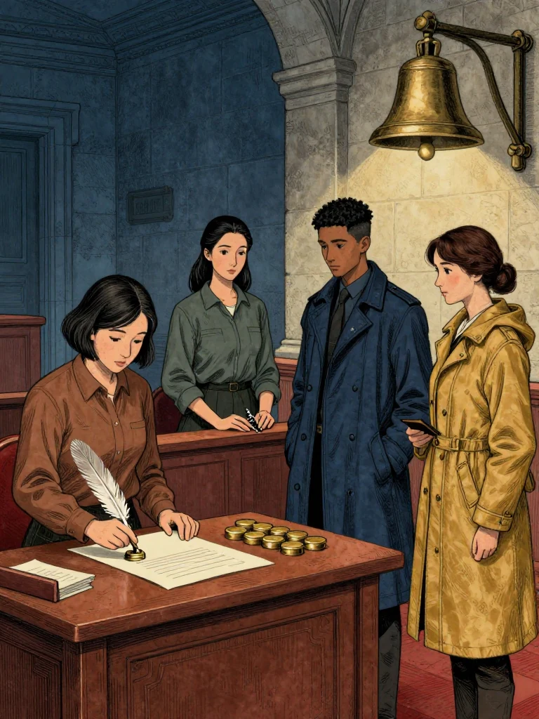 Ilex Mora presses a provisional quill seal into the sponsor field beside the authenticated custody strip while Adra Voss counts seven brass seals across the hearing desk. Kez Brann stands at the claimant rail with the ridged tool in custody as Nara Vale holds the observer position. The second bell rises through polished stone and tightens every hand around traceable liability. Setting: Great Index Hall. Visible objects: Reciprocal Red Witness Thread.