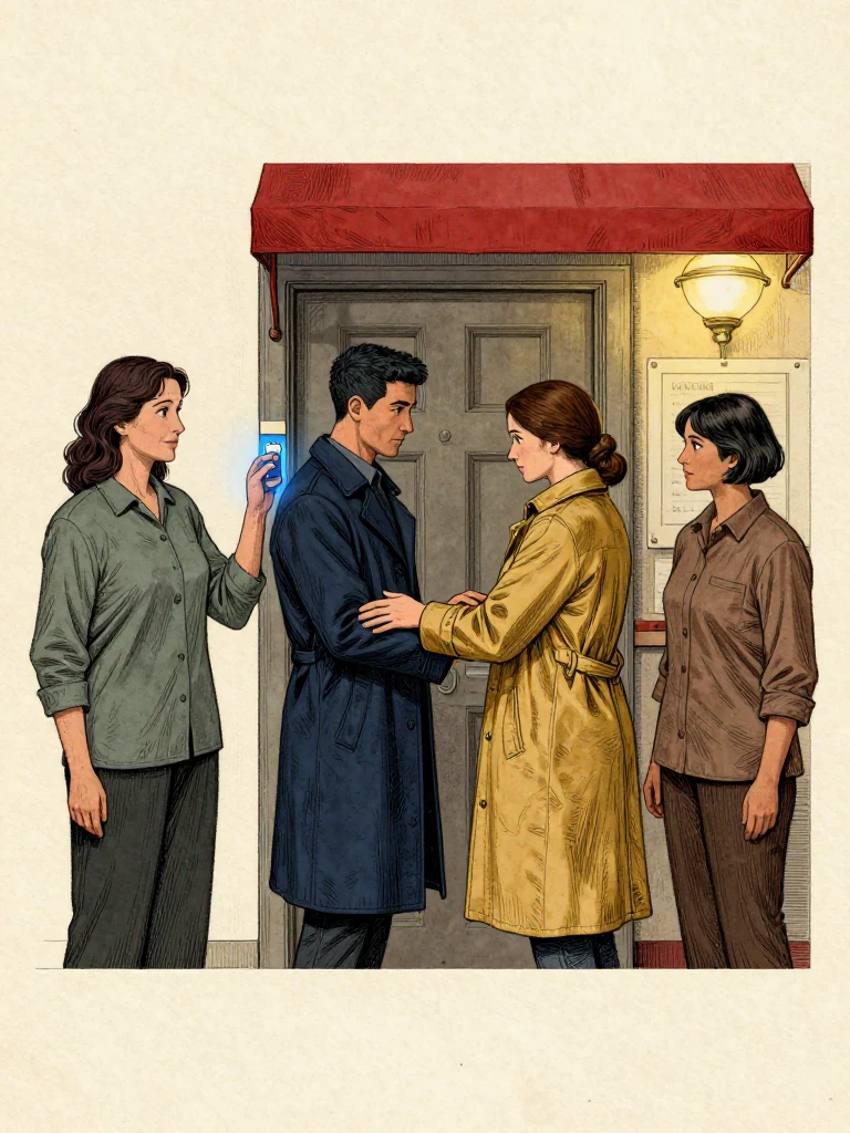 Adra Voss turns the service seal as blue light travels from the custody strip into the employment folio. Kez Brann steadies when meal, bed, and west-door notches return across the badge while Nara Vale receives a second blue cuff mark and Ilex Mora remains liable at the sponsor position. The red linen strip anchors the restored work history under bright hall lamps. Setting: Great Index Hall. Visible objects: Reciprocal Red Witness Thread.