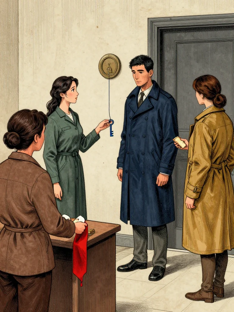 Ilex Mora studies the newly opened route while Adra Voss extends a narrow blue key line from the service seal to Kez Brann's restored badge and Nara Vale's second cuff mark. The custodian gathers the red linen strip and sealed custody piece as the observer accepts half a bread ration at the hearing desk and the admitted hidden route gains a physical door. Setting: Great Index Hall. Visible objects: Reciprocal Red Witness Thread.