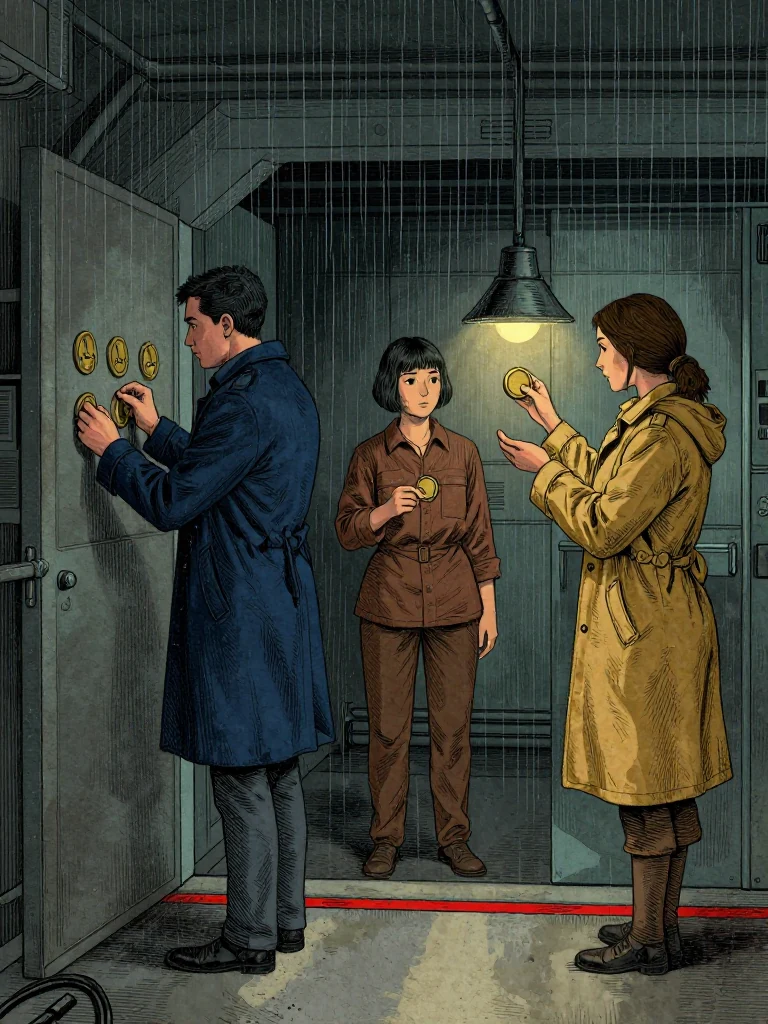 Kez Brann fits four brass return tokens into the entry slate while Ilex Mora withdraws a one-night key cooling toward blue and Nara Vale turns the blank fourth token beneath a lamp. Rain hammers the lift housing above the underground threshold. The red linen strip remains secured in a coat pocket as pressure tubes count one unresolved breathing body below. Setting: Null Stacks. Visible objects: Reciprocal Red Witness Thread.