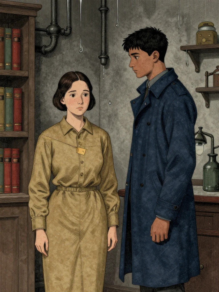 Ilex Mora stands still, her uniform crisp, eyes fixed on the binding tape across her chest. Kez Brann stands beside her, partially turned, tape threaded through coat loops. Damp walls and moving shelves loom behind them. Condensation drips from ink pipes. Light is dim, grey, and diffuse. Setting: Null Stacks. Visible objects: Reciprocal Red Witness Thread.