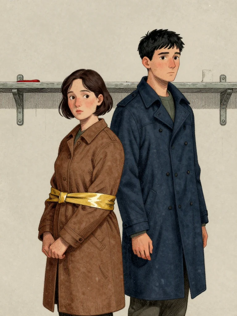 Ilex Mora turns sharply, binding tape taut across her coat. Kez Brann stands beside her, hand near pocket, gaze fixed ahead. A shelf looms behind them. Damp air clings to metal and plain surface. Light is flat and grey. Setting: Null Stacks.