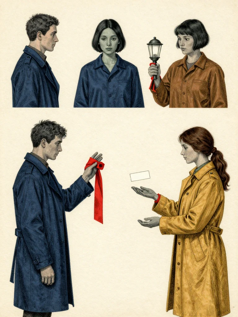 Kez Brann wraps one half of the red linen strip around the fingers as Tamsin Orr appears beyond a blank range plate with the matching half around one wrist. Ilex Mora shifts the side lamp, briefly loosening the first person's recognition, while Nara Vale studies face, wrist, and return docket together. Damp gray light reveals paste-stiff hands, moving shelves, and seven matched knots. Setting: Null Stacks. Visible objects: Reciprocal Red Witness Thread.