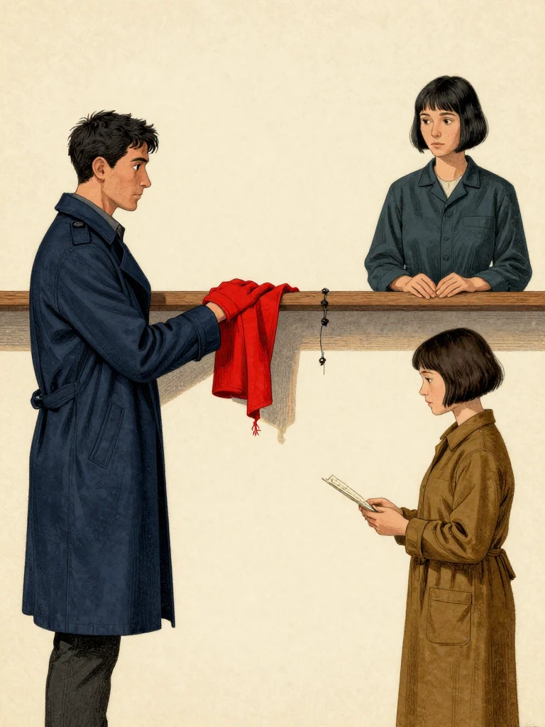 Kez Brann holds one red linen half across the shelf edge while Tamsin Orr raises the matching wrist and keeps bodily distance from the reaching hand. Ilex Mora opens the return docket, then pauses as attention slips. Side light catches seven aligned knots, black paste at the third, frayed fibers, and the empty space preserved between recognition and physical consent. Setting: Null Stacks. Visible objects: Reciprocal Red Witness Thread.