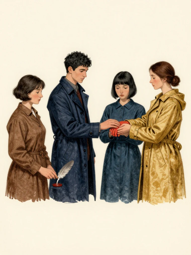 Ilex Mora places two fingers on the quill seal while Kez Brann presses one red linen half toward Tamsin Orr's matching wrist and Nara Vale positions face and wrist together in the same pool of side light. A falling drop briefly tests their attention. Seven knots, black paste, sealed measurements, and three separate accountable roles hold the living connection in the room. Setting: Null Stacks. Visible objects: Reciprocal Red Witness Thread.