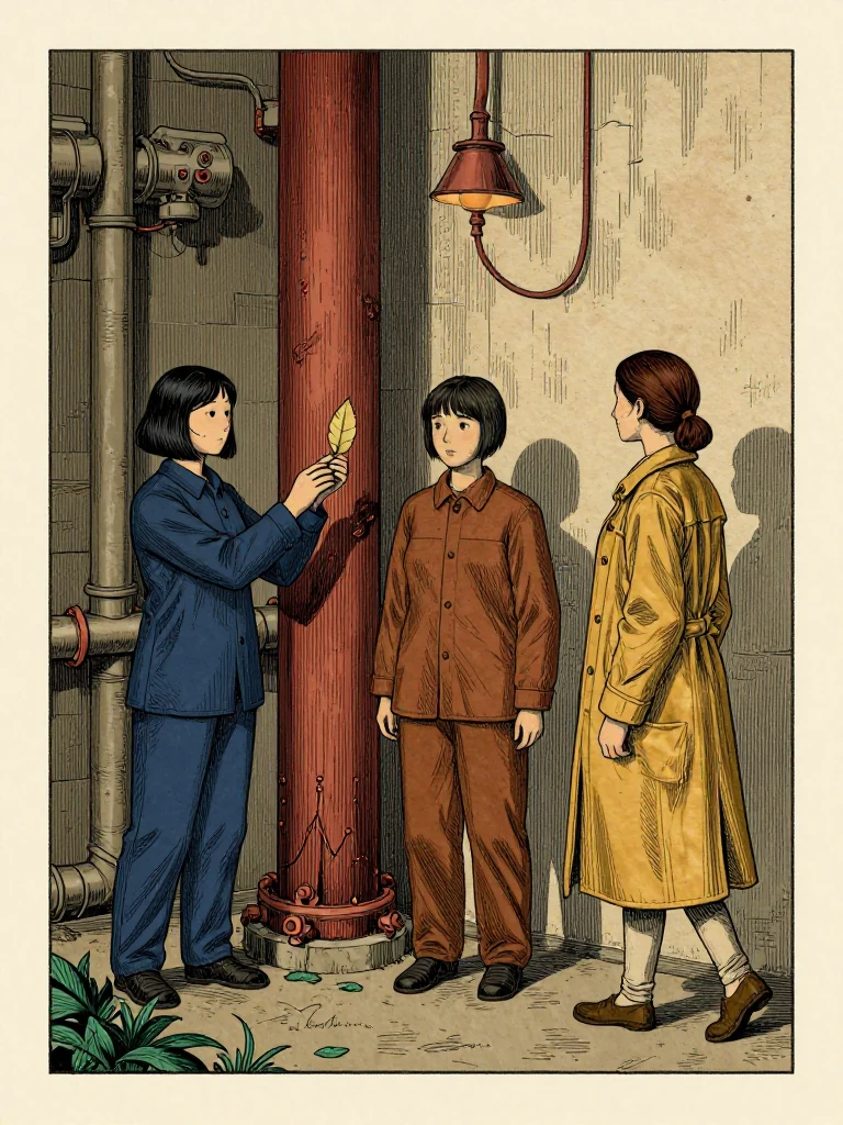 Tamsin Orr keeps both hands on a thin allocation leaf, passes it once above a warm access pipe, and tilts it toward Ilex Mora's side lamp while Nara Vale follows only the reversed pressure shadows. Dark columns rise through the onion-skin fibers. The scraped return horizon, seven-point impression, and retained grip separate chosen release from later transfer. Setting: Null Stacks. Visible objects: Copied Allocation Leaf.